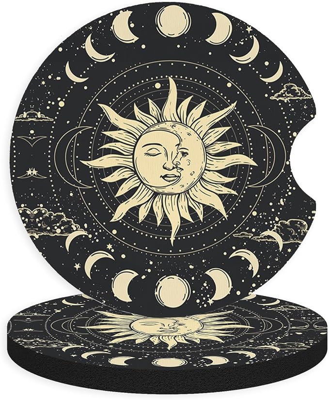 2pcs Sun Moon Stars Car Coasters,Absorbent Universal neoprener Cup Holder Coasters with a Finger Notch,Car Accessories for Women&Man Interior，2.75"