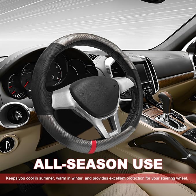 Car Steering Wheel Cover, Breathable Carbon Fiber Wheels Protective Cover Interior Accessories, Universal Anti Slip Protector for Most 14.5-15 Inch Steering Wheels (Gray)
