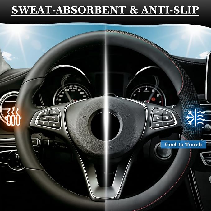 KAFEEK 15 Inch Steering Wheel Cover, Cooling Ice Silk，Premium Microfiber Leather Hybrid Design, Anti-Slip Rubber Inner, Breathable, Universal Fit for 14.5-15" Auto Steering Wheels, Black
