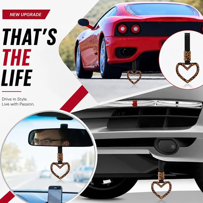 Fabbay Bling Car Accessories Bling Heart Handle Ring Car Accessory for Women Hearts Hand Strap Drift Charm Rear Bumper Warning Ring Decor for Auto Interior Exterior Decoration(Leopard,Heart Style)