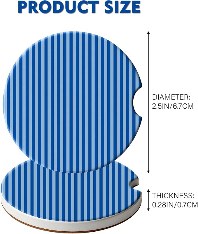 2 Pack Car Coasters for Cup Holders, Absorbent Ceramic Cup Coaster with Cork Base and Finger Notch, Cute Car Accessories Interior for Women Men (Blue Stripes)
