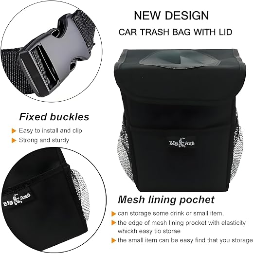 Big Ant Car Trash Can with Odor-Trapping Lid & 100% Leakproof Liner, Multipurpose Hanging Organizer for SUV & Truck, Keep Vehicles Clean on Family Road Trips