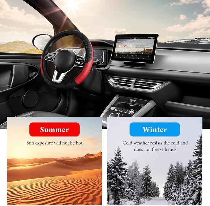 Car Steering Wheel Cover, 15 Inch Anti-Slip Stretch Leather Steering Wheel Protector, Comfortable Breathable Sporty Steering Wheel Cover for Women Men, Car Accessories (Black & Red, AD)