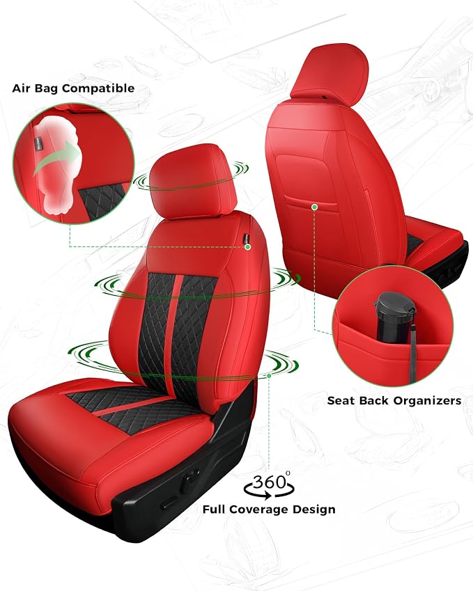 for Ford F150 Leather Seat Covers, SuperCrew XL XLT 2021-2026, F250 F350 F450 Super Duty Crew Cab 2023-2026, Custom Truck Seat Cover Full Set, Pickup Accessories, Red Black (Bucket Seat)