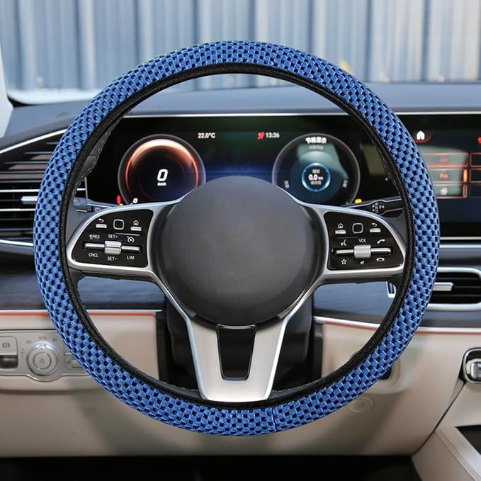 Elastic Stretch Steering Wheel Cover, Anti-Slip, 15inch, Blue | Microfiber Odorless Breathable Ice Silk Car Steering Wheel Protector, Easy Carry, Warm in Winter & Cool in Summer