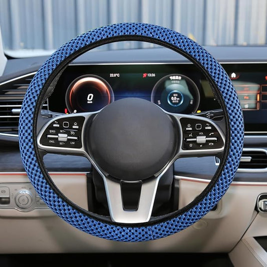 Elastic Stretch Steering Wheel Cover, Anti-Slip, 15inch, Blue | Microfiber Odorless Breathable Ice Silk Car Steering Wheel Protector, Easy Carry, Warm in Winter & Cool in Summer