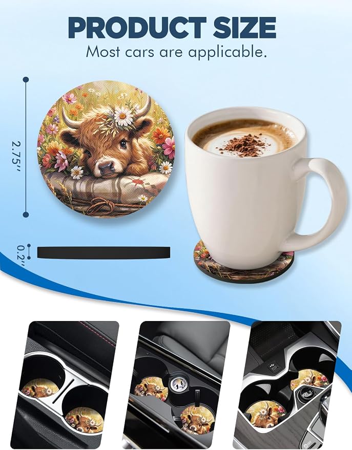 WOCOCN Car Coasters for Cup Holders - 2 Pack 2.75" Universal Rubber Car Cup Coaster, Non-Slip Waterproof Car Interior Accessories, Cute Car Decor Gifts for Women and Men (Calf)
