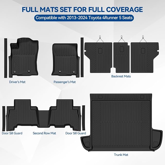 Custom Fit Floor Mats for 2013-2024 Toyota 4Runner 5 Seats | All Weather TPE Floor Liners with Trunk Mat & Backrest Protectors & Door Sill Guard | Odorless Full Set Interior Accessories