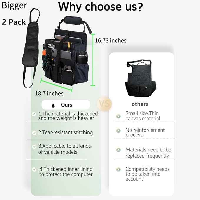 2 Pack Front or Seat back organizer seat side pocket with dedicated tablet and 17 IN laptop storage stabilizers external stabilizing side straps soft adjustable shoulder straps (Large Black)