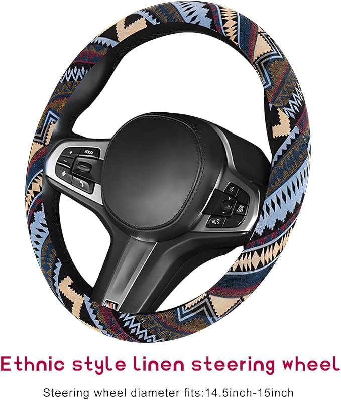 Boho Steering Wheel Cover, Anti-Slip Coarse Flax Cloth Ethnic Style Auto Wheel Cover, Breathable Boho Auto Steering Wheel Protector for Women Men, Car Accessories (Style H)