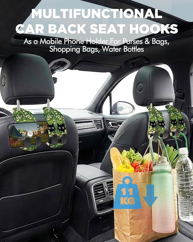 WOCOCN Purse Holder for Car, 2 Pack Heavy Duty Purse Hanger for Car, PU Leather Car Seat Hooks for Purses and Bags, Cute Grass Cat Headrest Organizer for Handbags & Backpacks