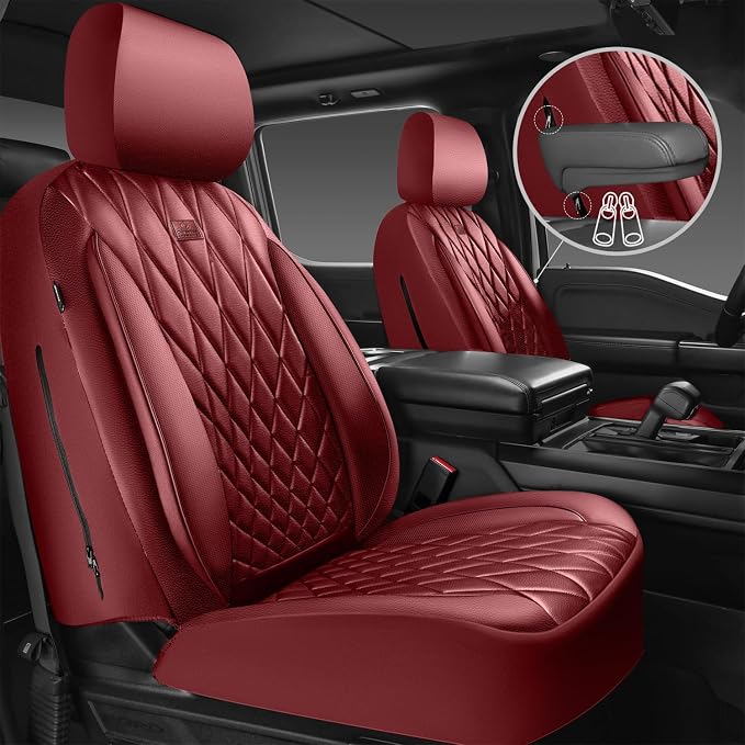 CAR PASS Piping Luxury Faux PU Leather Two Front Car Seat Covers, Waterproof Anti Slip Premium Automotive Seat Covers,Universal Fit for Suvs,Vans,Trucks, Armrest Airbag Compatible, Burgundy Red