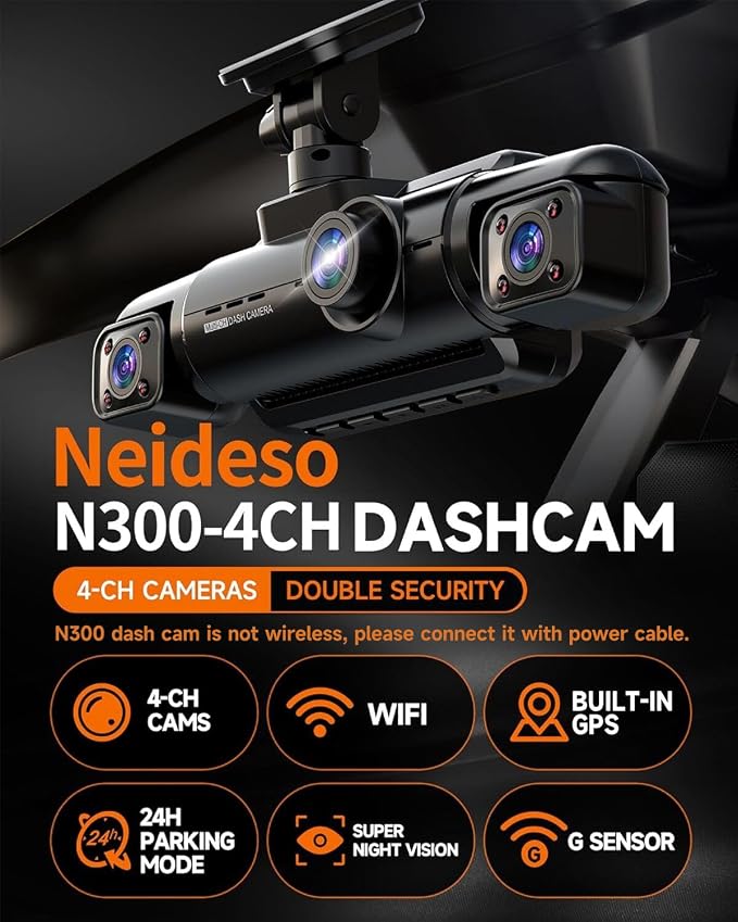 Neideso 360° Dash Cam Front and Rear Inside, 4 Channel Dash Camera for Car | Free 128GB Card, 5GHz WiFi, 4K Dashcam, GPS, Night Vision 3.0, Voice Control, G-Sensor, OTA Upgrade, 24H Parking Mode(N300)