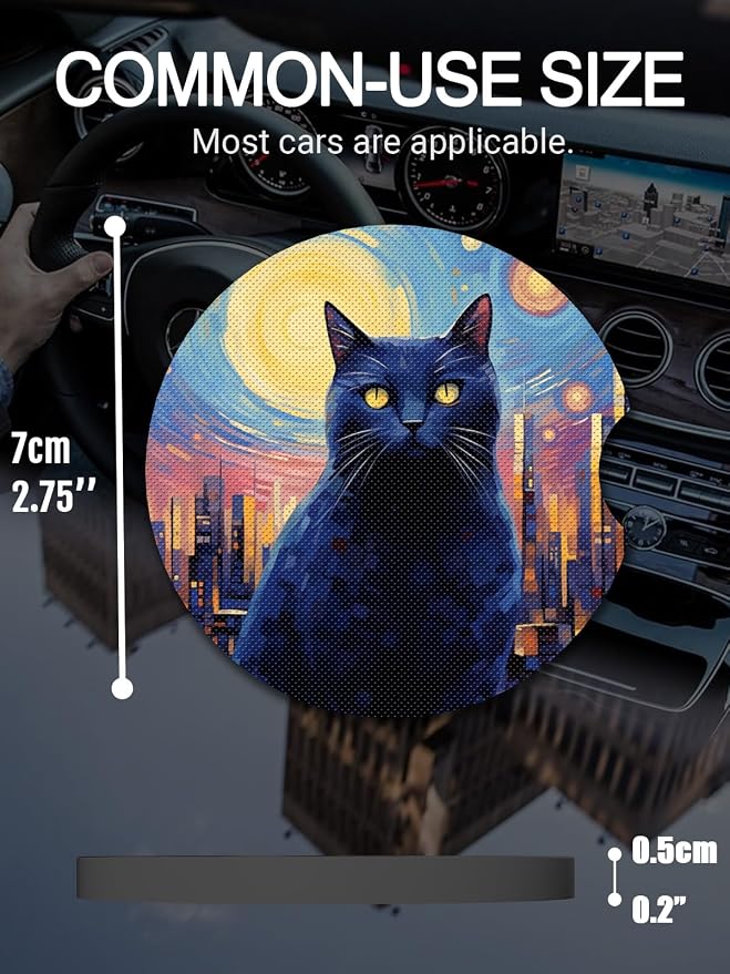 WOCOCN Cute Cup Holder Coasters for Your Car with Fingertip Grip, Auto Accessories for Women & Men,Pack of 2(Starry Sky Cat)