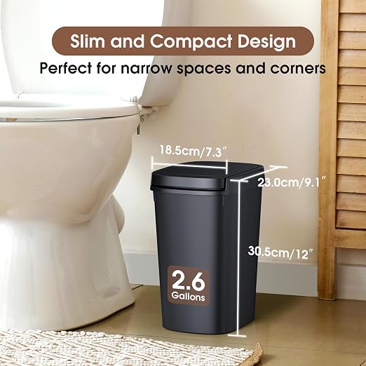 CEROELDA 3 Pack Slim Bathroom Trash Can, 10L/2.6 Gal with Press Top and Pop-up Lid, Plastic Wastebasket for Toilet, Office, Bedroom (Black)