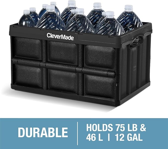 CleverMade Collapsible Plastic Storage Bins, 46L 3 Pack, Stacking, Stone | Built-in handles simplify garage, car and household organization, while the roomy open-top keeps bulky supplies accessible