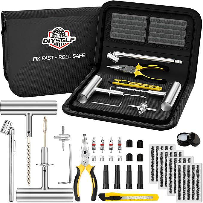 DIYSELF Tire Plug Kit, Heavy Duty Tire Repair Kit for Car Motorcycle Truck SUV, Professional Tubeless Flat Tire Repair Kit with T-Handle Tools, 45PCS