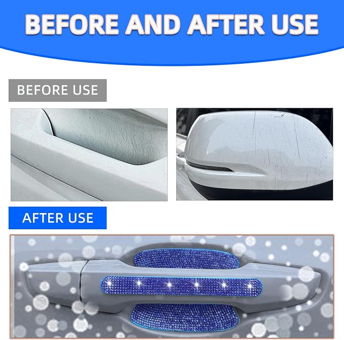 NBTEPEM 10 Pcs Bling Rhinestone Car Door Handle Stickers, Universal Crystal Diamond Glitter Door Handle Protector Decals, Scratch‑Resistant Bling Car Accessories for Women (Blue)