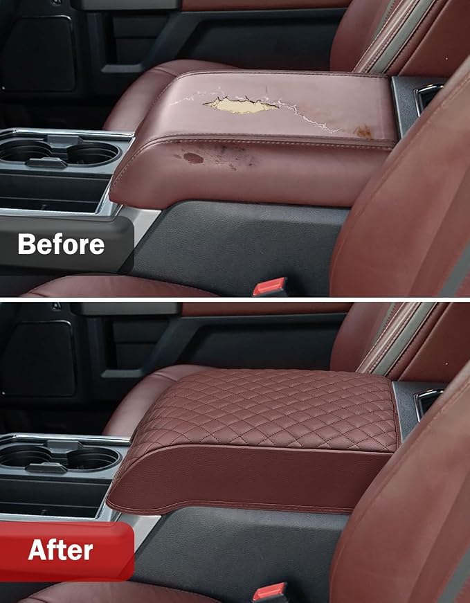 Center Console Armrest Cover for 2018-2020 Ford F150 Platinum, 2017-2022 F250-F550, 2018-2024 Expedition, Bucket Seat, PU Leather Cushion Pad, Anti-Scratch, Dark Marsala Brown (Not for Other Years)
