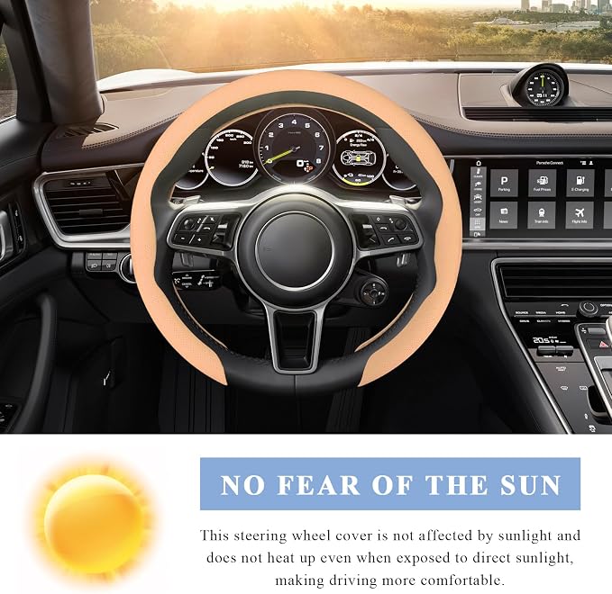 Steering Wheel Cover, 15 Inch Anti-Slip Breathable Steering Wheel Protector Auto Interior Decor, Heat-Resistant Comfort Grip Wheel Cover Universal for Most Cars Trucks SUVs (Beige)