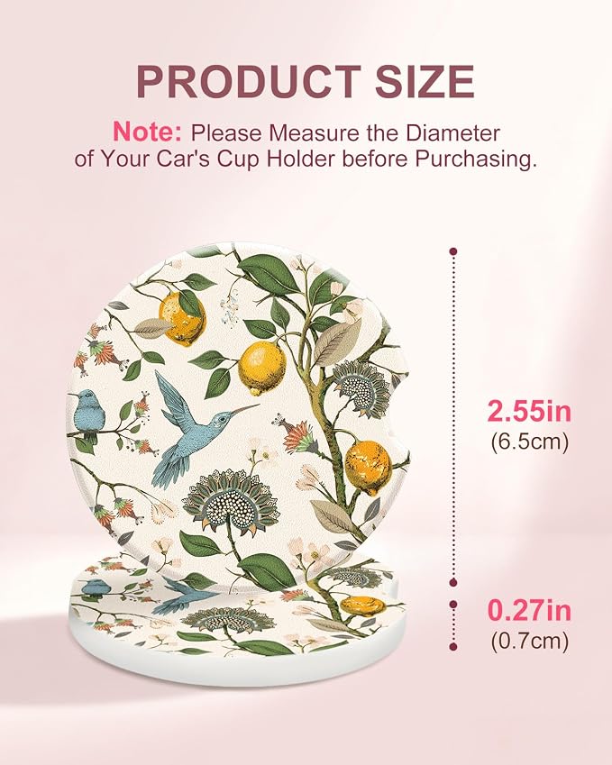 Swooflia Floral Absorbent Ceramic Car Coasters Set of 2, Cute Botanical Wildflower Cup Holder Coasters for Car, Lemon Flower Hummingbird Car Accessories for Women, Unique Gifts for Mom, Teachers
