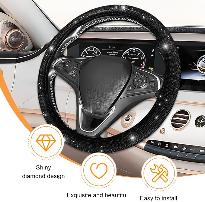 11PCS/Set Bling Car Accessories Set for Women, Rhinestone Vehicle Steering Wheel Cover Seat Belt Cushion Gear Shift Protector Cup Holder Coaster, Universal Automotive Accessories (Black)