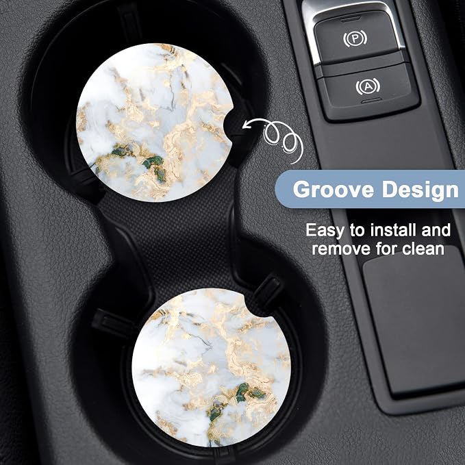Nipichsha Car Coasters for Cup Holders, 2 Pack Absorbent Ceramic Car Cup Holder Coaster for Drinks, Cute Auto Assecories for Women Men, Size 2.56 in with Finger Notch & Cork Base, Gray Gold