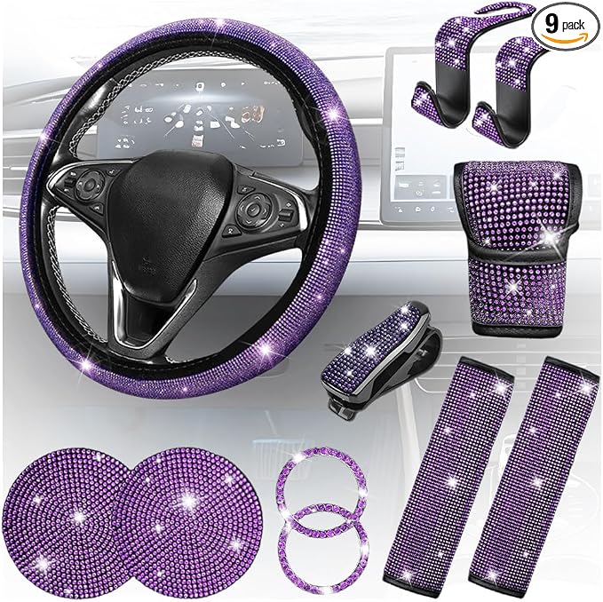 8PCS Bling Car Accessories Set, Sparkly Rhinestone Vehicle Steering Wheel Seat Belt Gear Shift Start Stop Button Cover, Diamond Auto Cup Holder Coaster Decoration, Universal Fit (Purple)