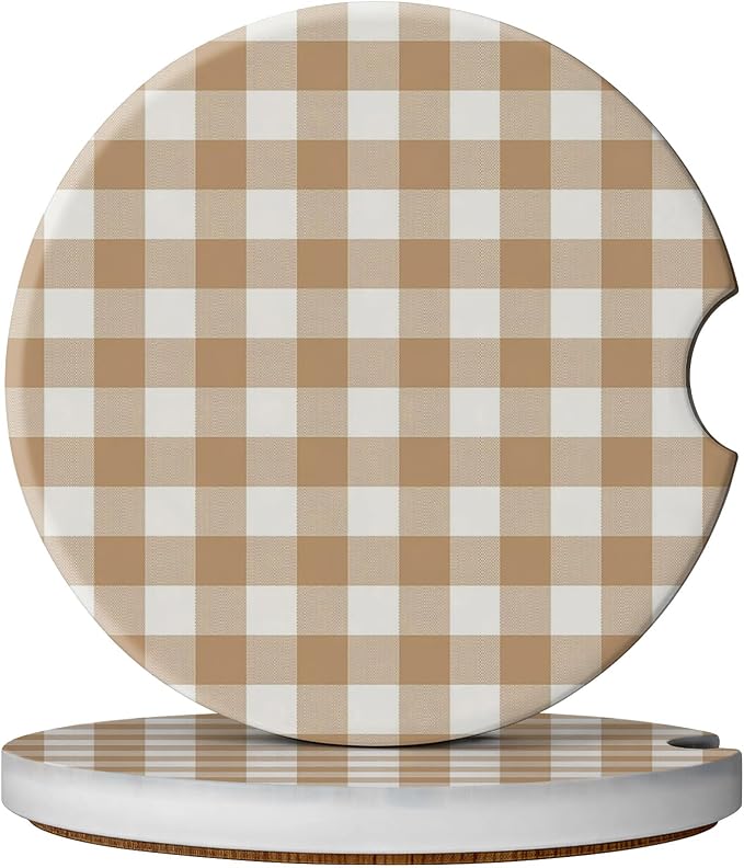 2 Pack Car Coasters for Cup Holders, Absorbent Ceramic Cup Coaster with Cork Base and Finger Notch, Cute Car Accessories Interior for Women Men (Grid-Brown White)