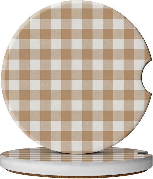 2 Pack Car Coasters for Cup Holders, Absorbent Ceramic Cup Coaster with Cork Base and Finger Notch, Cute Car Accessories Interior for Women Men (Grid-Brown White)