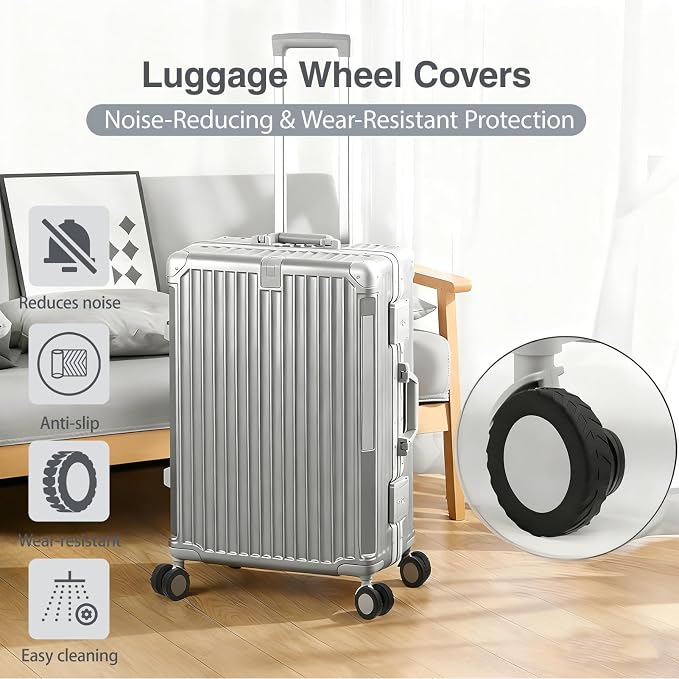 8 Pack Black Silicone Luggage Wheel Protectors Fits 1.9"-2.2" Spinner Carry On Wheels Noise Reducing Anti Slip Slip On Covers Protect Floors & Suitcase Wheels Lightweight Easy Wipe Clean
