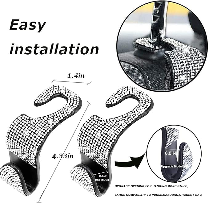 Bling Rear View Mirror Car Accessories, Sparkling Diamond Rear View Mirror Cover with 2 PCS Universal Car Hooks, Cute Car Bling Accessories for Women