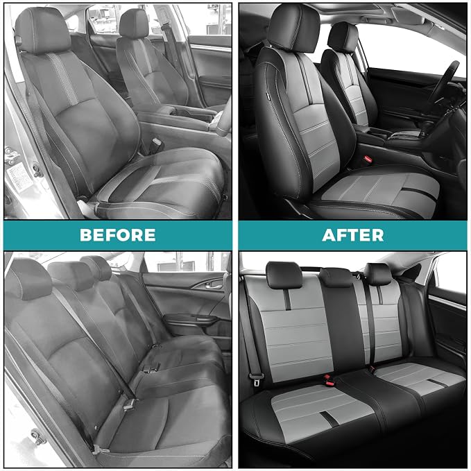 Seat Covers for Honda Civic Sedan LX 2016 2017 2018 2019 2020 2021, Faux Leather Car Seats Cover Full Set Waterproof, Black Grey (Solid Rear Seatback - No Rear Armrest)