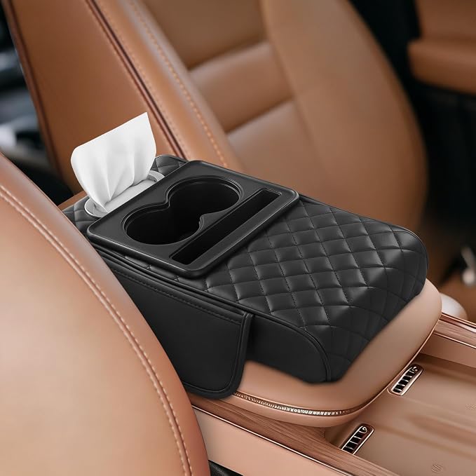 5-in-1 Car Center Console Cover Armrest Cushion with Cup Holder | 14.17x7.7x2.5" memory foam armrest cushion with tissue box & side storage pocket PVC leather protects console from pet claws