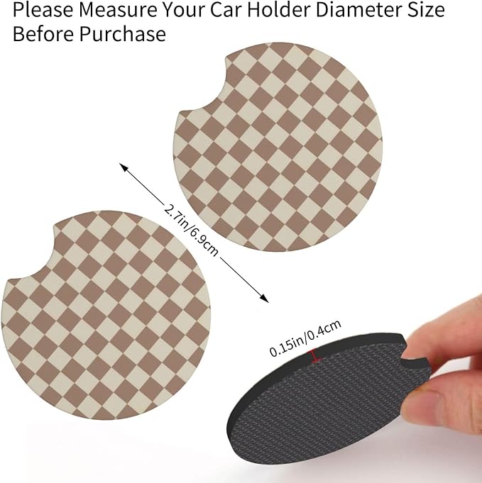 Khaki Checkered Steering Wheel Cover - Khaki Checkered Racing Flag Brown Steering Wheel Cover Anti-Slip Breathable for 15 in Universal 2 Pcs Car Interior Cup Holder Pad for Men Women