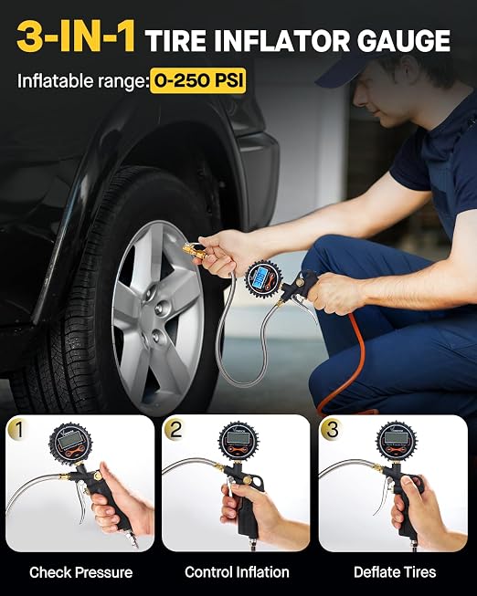Vondior Digital Tire Pressure Gauge with Inflator, 250 PSI Heavy Duty Air Chuck with Tire Tread Depth Gauge, Stainless Steel Braided Hose with Quick Connect Coupler, Car Accessories