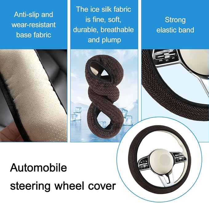 Elastic Stretch Car Steering Wheel Cover, Soft Breathable Ice Silk Steering Wheel Protector, Anti-Slip Automotive Interior Accessories, Universal for Sedan, Truck, Van (Coffee)