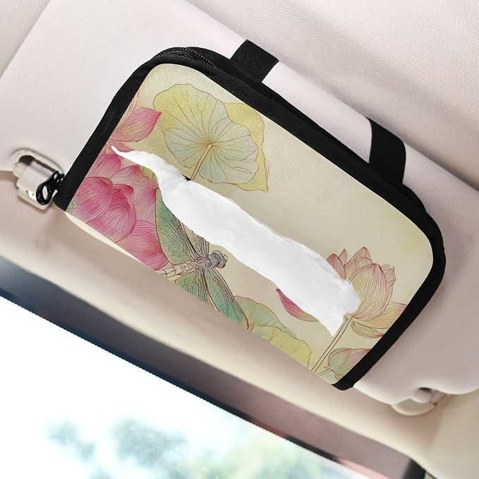 Car Tissue Holder Car Napkin Holder Tissue Box Dispenser Storage Case Sun Visor Mask Holder Accessories with Adjustable Straps Reusable Refillable Dragonfly Lotuses Yellow