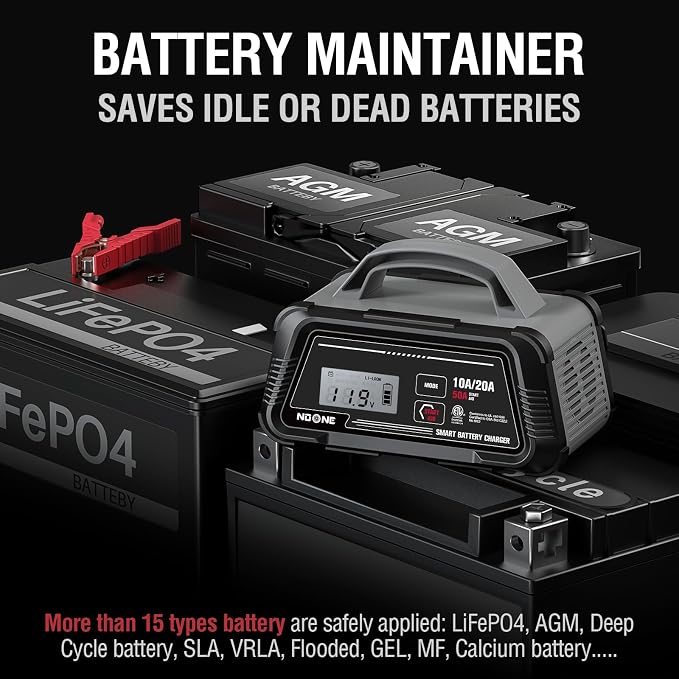 NOONE 10A/20A Smart Battery Charger - 12V/24V Fully Automatic Maintainer | with 50A Engine Start, Winter Mode, and Auto Repair - Car Trickle Charger for AGM, Gel, Deep Cycle & LiFePO4 Batteries