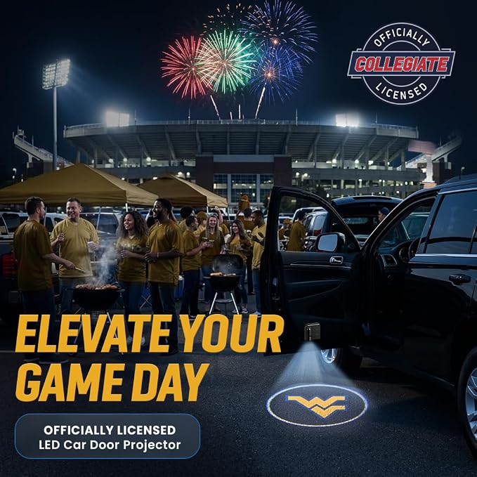 Sporticulture American Football West Virginia (WVU) Car Door Lights Logo Shadow Display - Officially Licensed NCAA Car Accessories - Show Your Team Pride - Battery Powered, Universal Fit