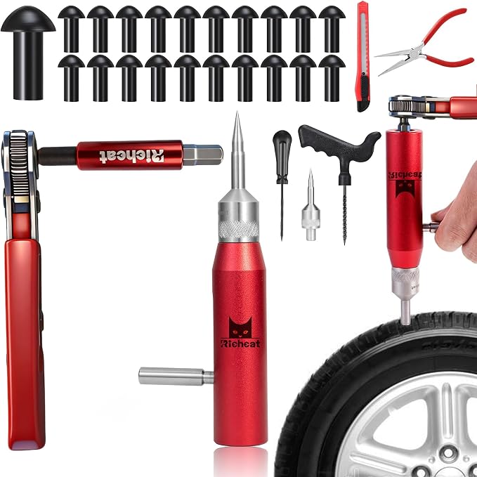 Richcat Tubeless Tire Puncture Repair Kit with Mushroom Plug, Repairs punctures and Flat Tires for Motorcycles, Cars, Trucks, ATVs and Tractors