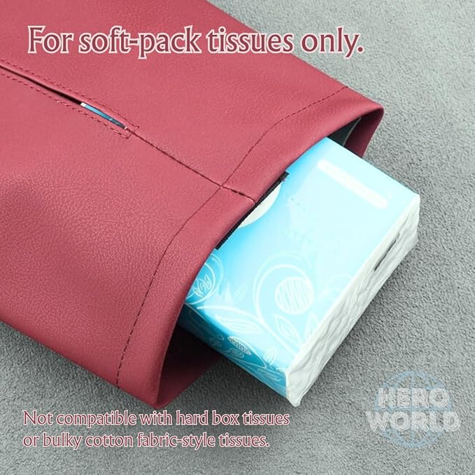 Car Tissue Holder PU Leather Square Tissue Case for Console Sun Visor Headrest Fits 10” Soft Pack Tissues (Black)