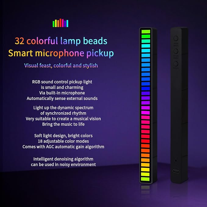 RGB Sound-Activated Music Rhythm Car Ambient Light, 2packs | Gaming or Party Atmosphere, Sound-Sensitive Pulsing, Rechargeable Battery, Soft RGB Lighting, Type-C Charging