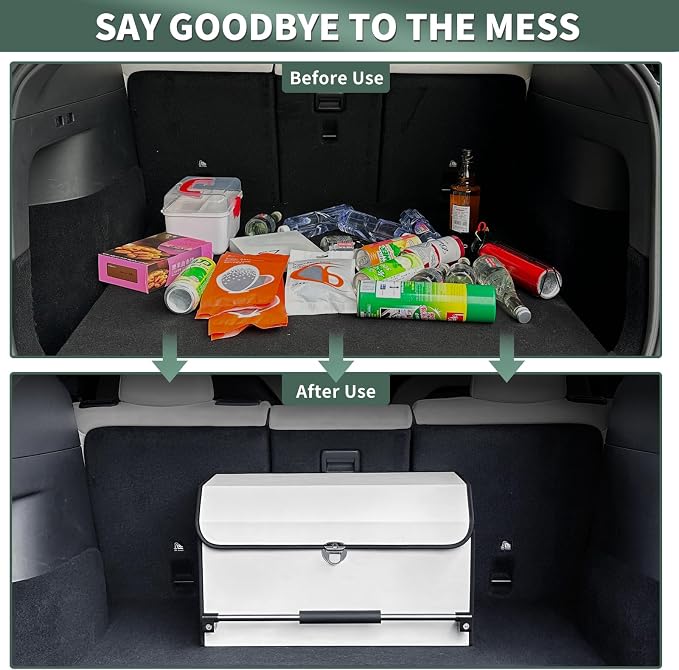 Trunk Organizer for Car with Lid Leather Trunk Organizer Car Organizer | SUV Trunk Organizer with Push-pull Handle Car Trunk Storage Organizer for Minivan, Truck, Sedan (White, 20.47x11.42x12.2in)