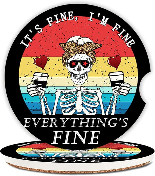 Funny Skull with Coffee Ceramic Cup Holders Car Coasters Set for Women/Men,2.56" 2 Pack for Absorbent Cup Car Holders, Coasters with A Finger Notch