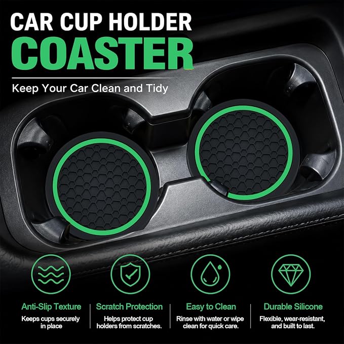 4PCS Car Cup Holder Coasters - 2.75 Inch Non-Slip Insert Water Bottle Holder Pads, Dustproof Automotive Interior Accessories Mat, Universal for Vehicles, Trucks, RVs (Green)