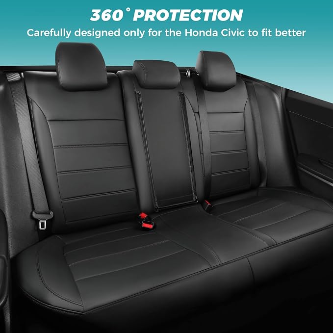 Seat Covers for Honda Civic Sedan 4DR Sedan EX 2022-2024 & Sport, Hybrid Sport 2025-2026, Faux Leather Car Seats Cover Full Set Waterproof, Black (60/40 Split Seatback-with Rear Armrest)