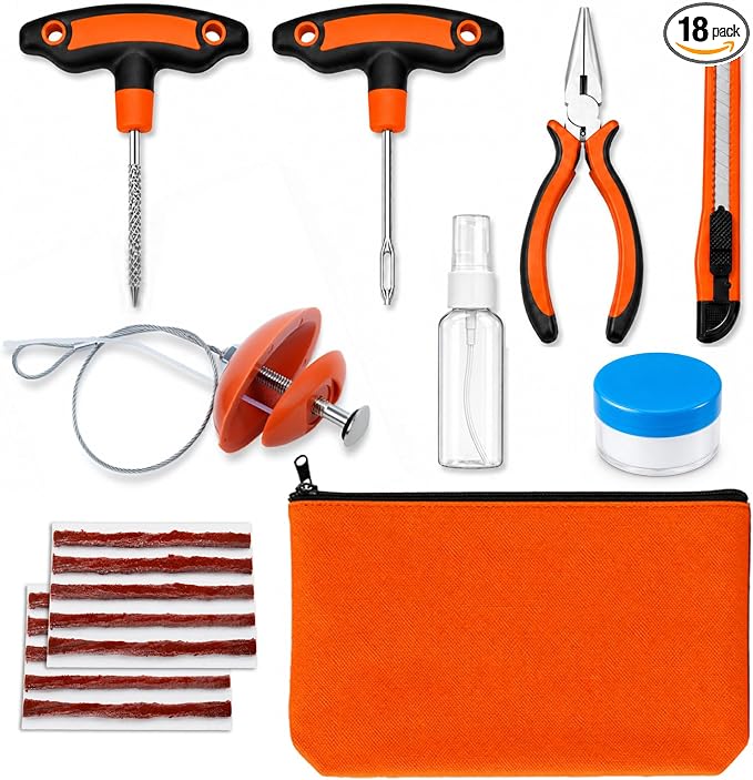 Flat Tire Repair Kit with Plugs 18 Pcs,Heavy Duty Sidewall Tire Repair Patch Tool Kit for Car,Motorcycle,ATV,UTV,SXS,Truck,Tractor,Parches para Llantas De Carro