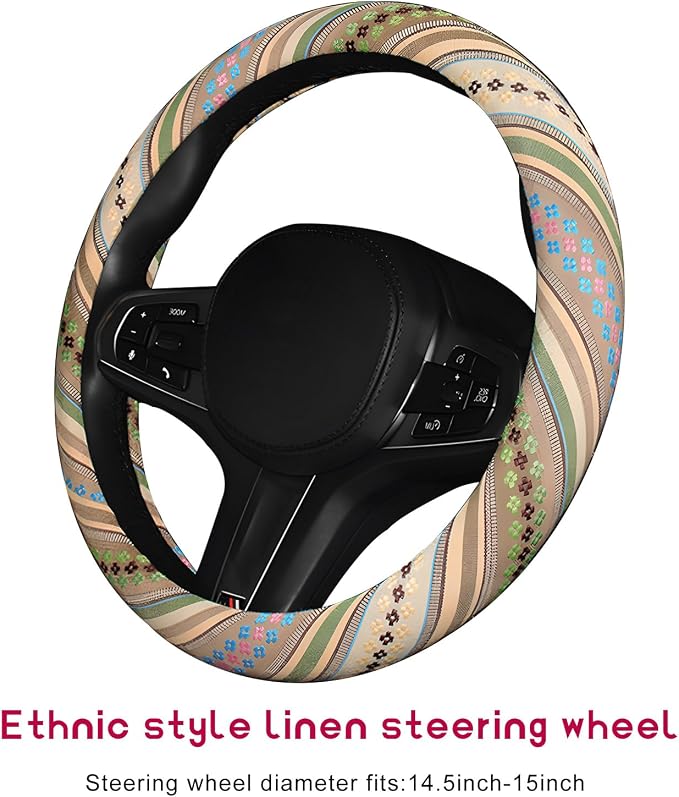Boho Steering Wheel Cover, Anti-Slip Coarse Flax Cloth Ethnic Style Auto Wheel Cover, Breathable Boho Auto Steering Wheel Protector for Women Men, Car Accessories (Style G)
