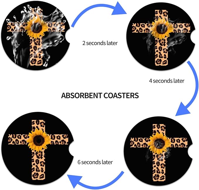 Car Coasters 2 Pack, Small 2.56" Absorbent Ceramic Coaster for Car, Keep Cup Holders Clean and Dry, Auto Coasters Set for Women Men Cup Holder, Leopard Print Cross with Sunflower Style Car Coasters
